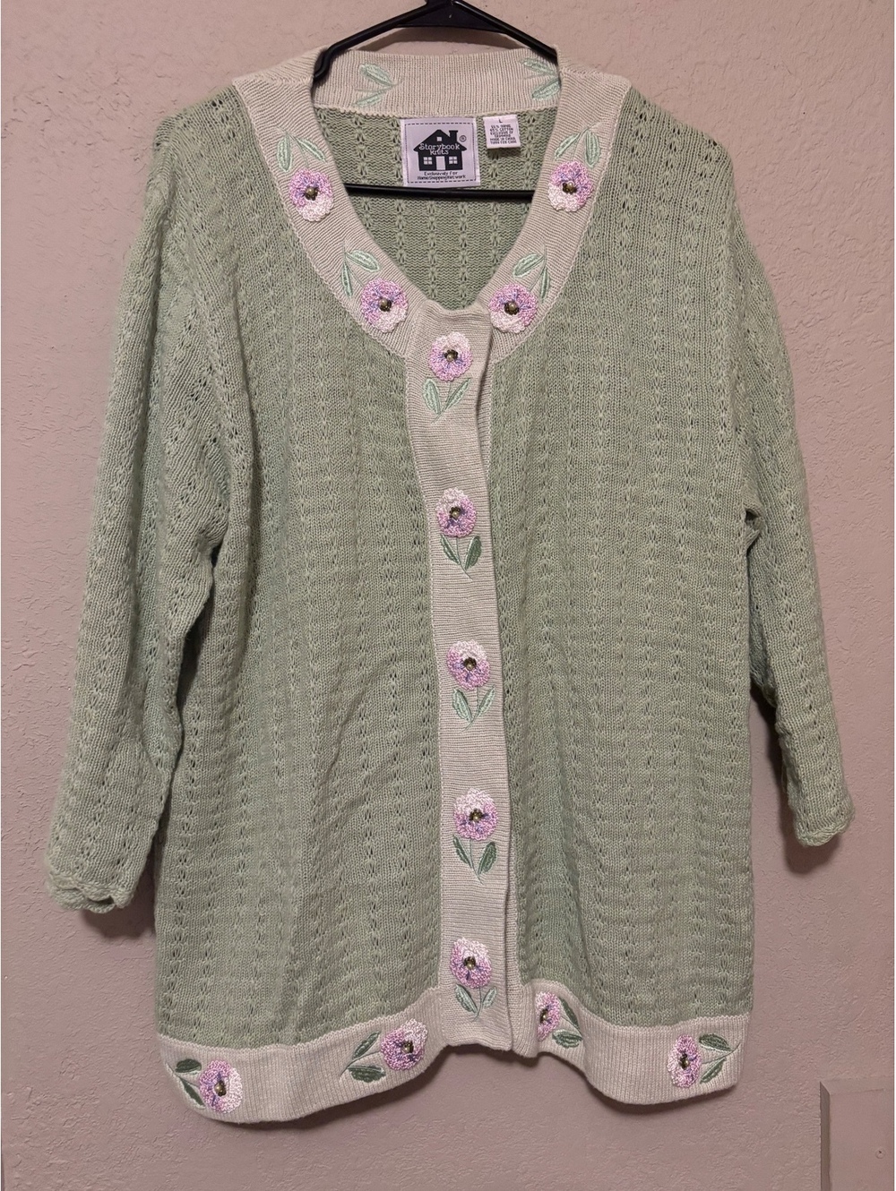 Storybook Knits Light Green Knit Cardigan with Floral Embroidery Size L